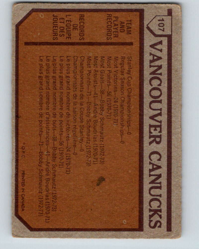 1973-74 O-Pee-Chee #107 Canucks Team  Vancouver Canucks  V8340