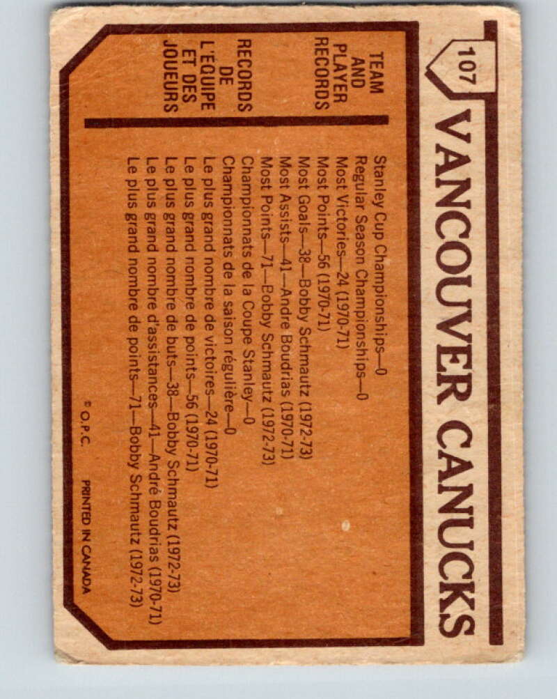 1973-74 O-Pee-Chee #107 Canucks Team  Vancouver Canucks  V8341