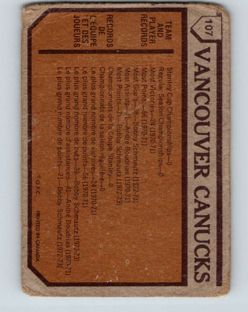1973-74 O-Pee-Chee #107 Canucks Team  Vancouver Canucks  V8344