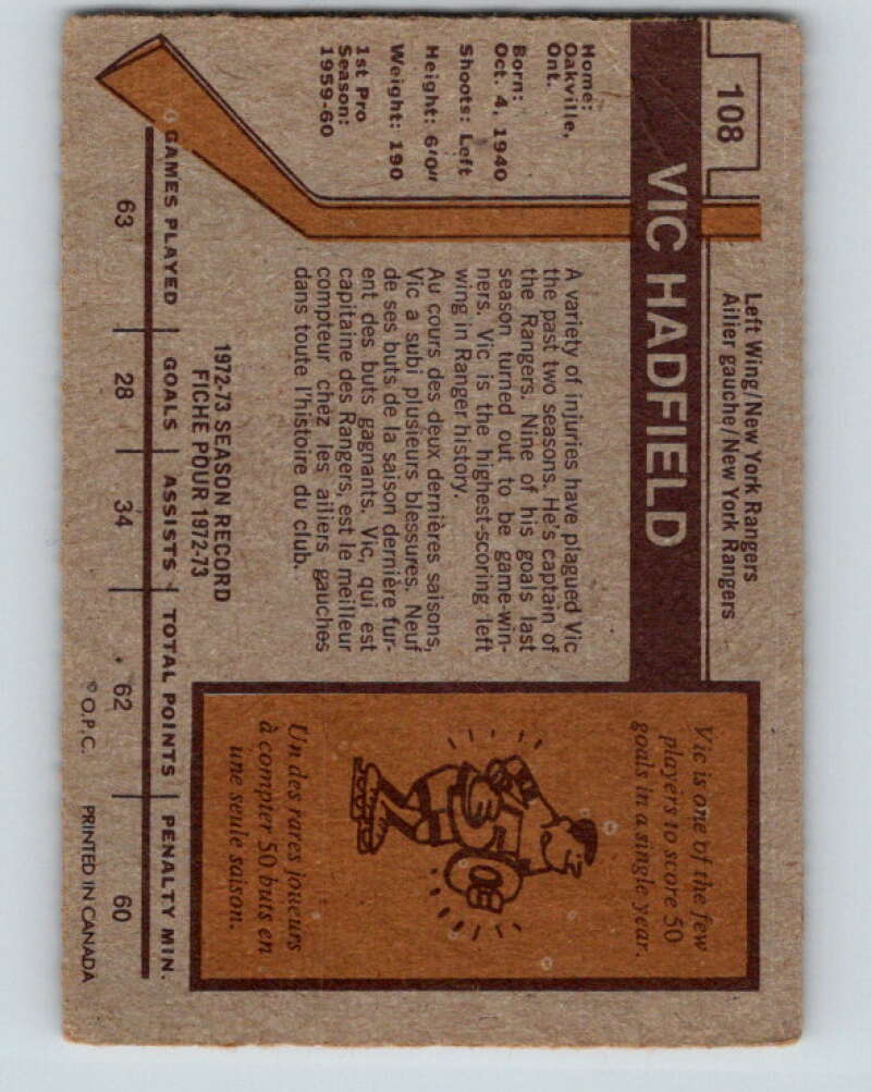 1973-74 O-Pee-Chee #108 Vic Hadfield  New York Rangers  V8345