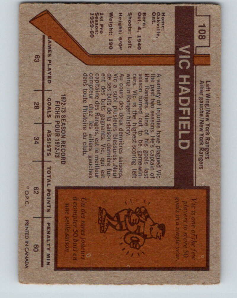 1973-74 O-Pee-Chee #108 Vic Hadfield  New York Rangers  V8346