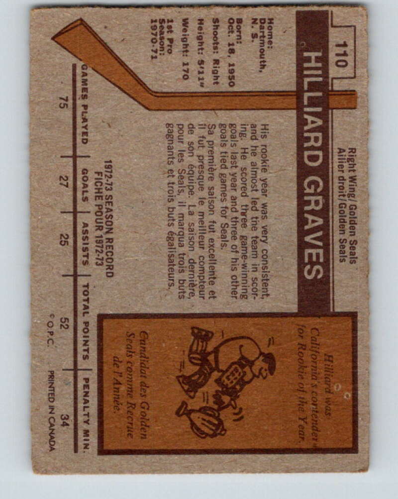 1973-74 O-Pee-Chee #110 Hilliard Graves RC Rookie Seals  V8351