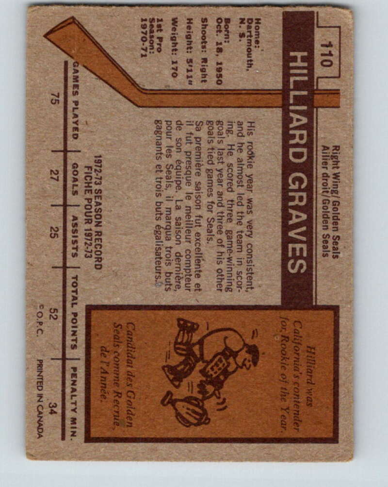 1973-74 O-Pee-Chee #110 Hilliard Graves RC Rookie Seals  V8353