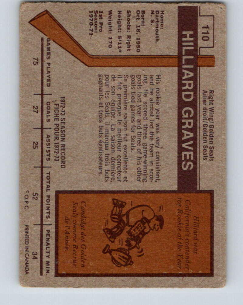 1973-74 O-Pee-Chee #110 Hilliard Graves RC Rookie Seals  V8354