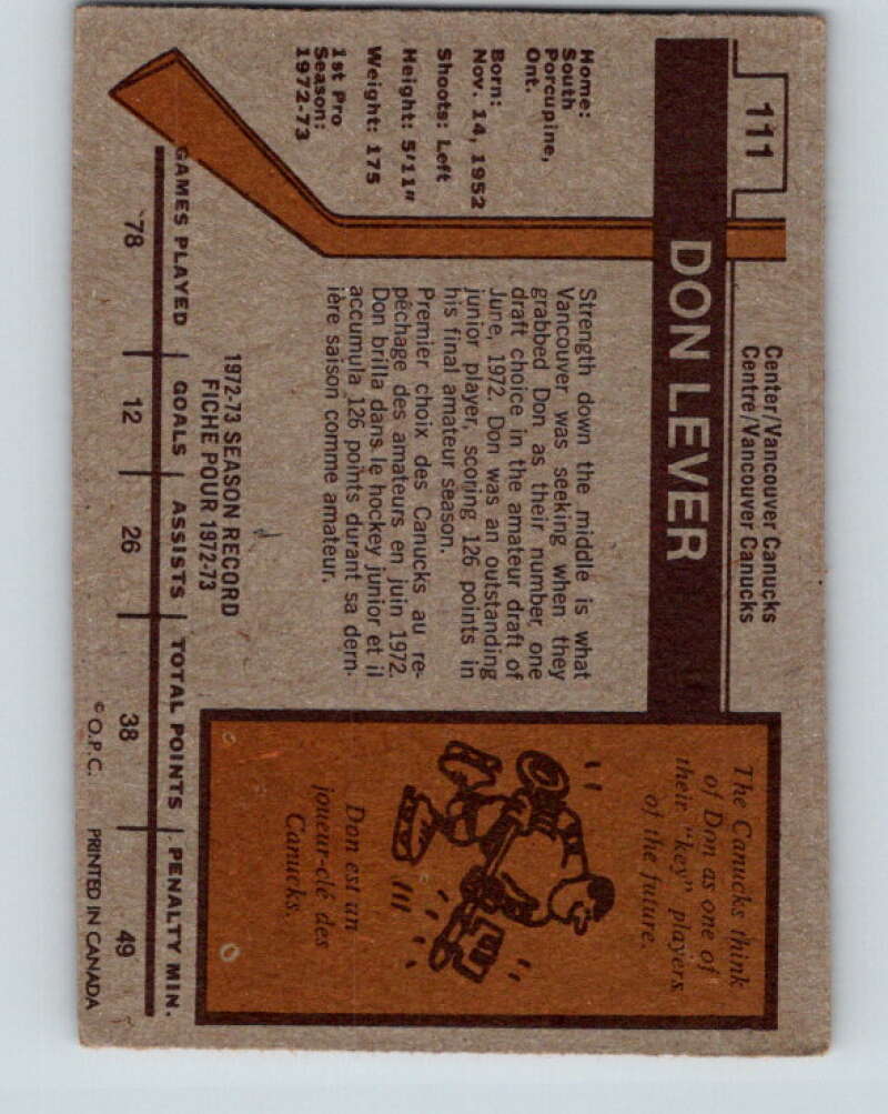 1973-74 O-Pee-Chee #111 Don Lever  Vancouver Canucks  V8355