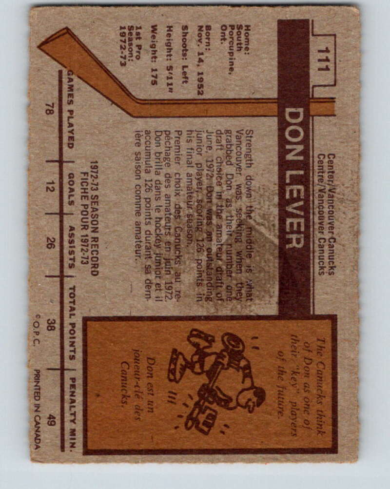 1973-74 O-Pee-Chee #111 Don Lever  Vancouver Canucks  V8356