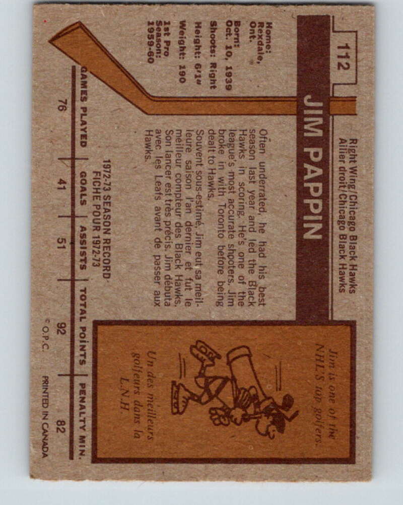 1973-74 O-Pee-Chee #112 Jim Pappin  Chicago Blackhawks  V8357