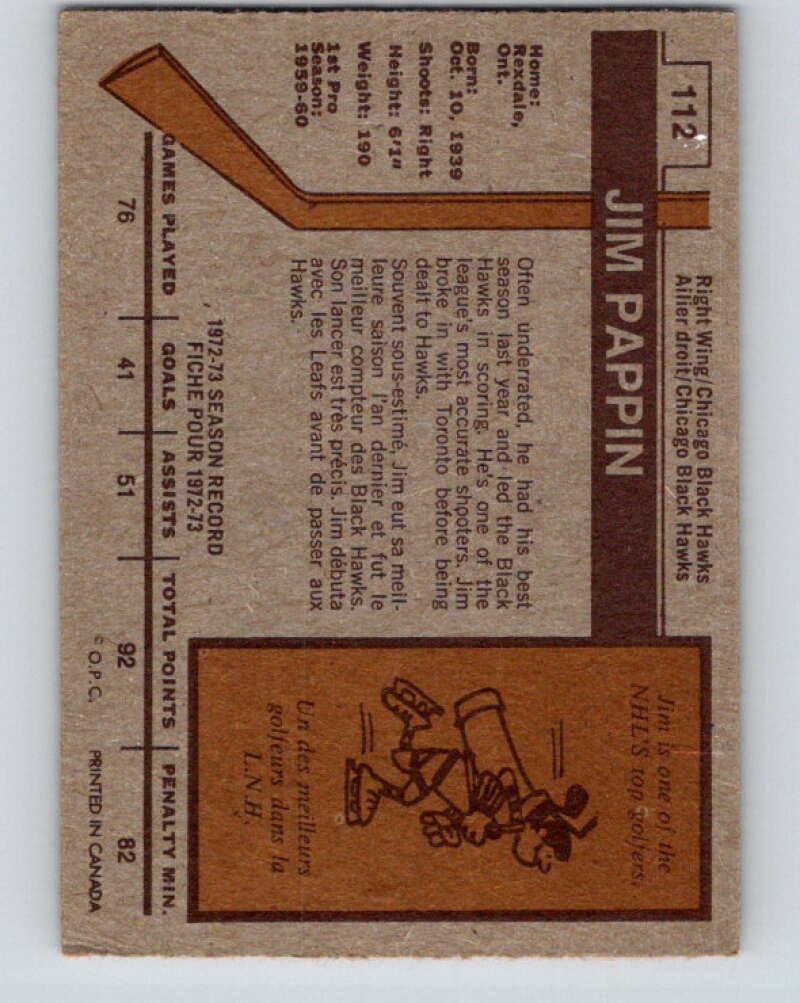 1973-74 O-Pee-Chee #112 Jim Pappin  Chicago Blackhawks  V8362