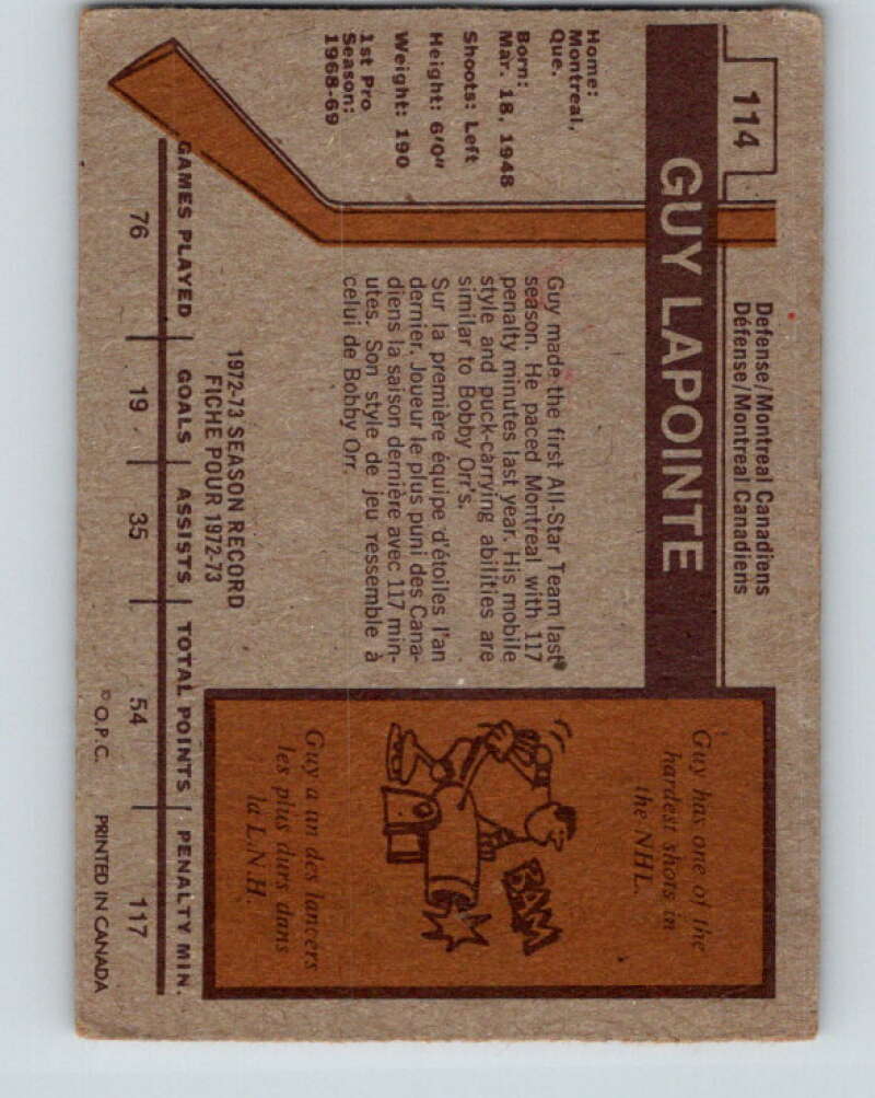 1973-74 O-Pee-Chee #114 Guy Lapointe  Montreal Canadiens  V8368
