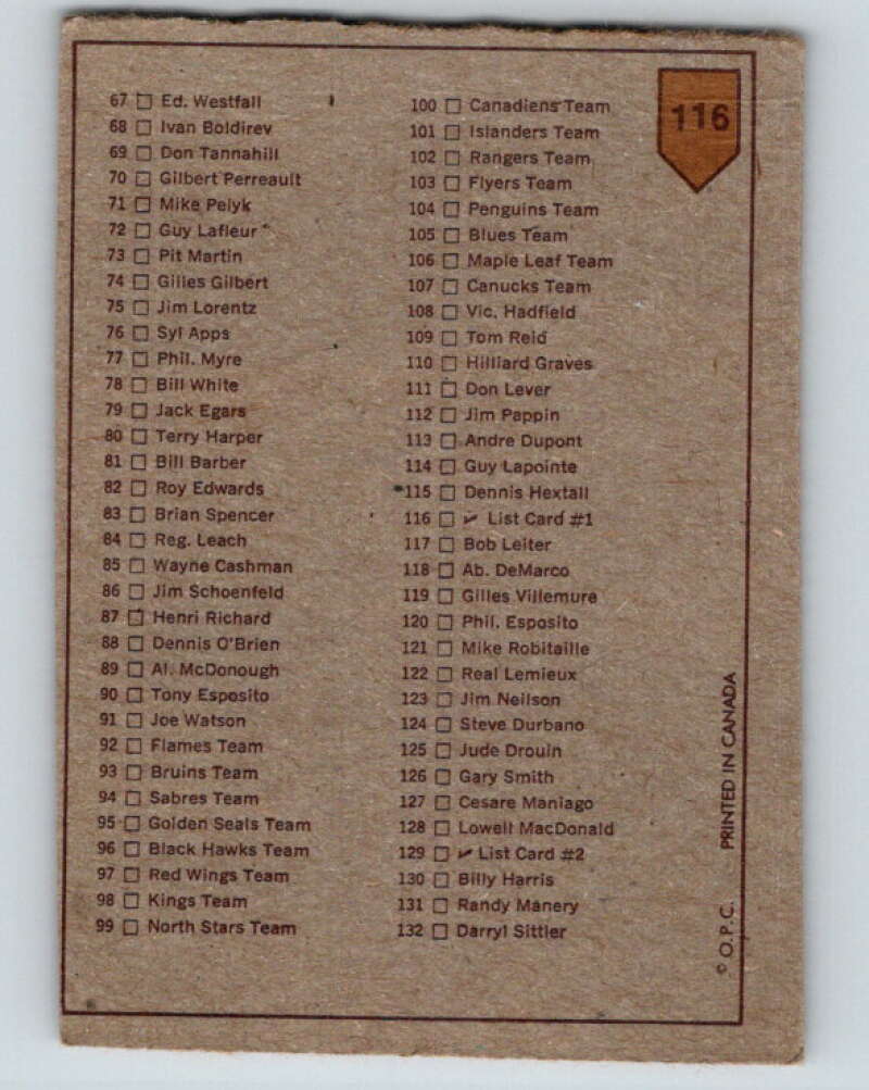 1973-74 O-Pee-Chee #116 Checklist   V8372