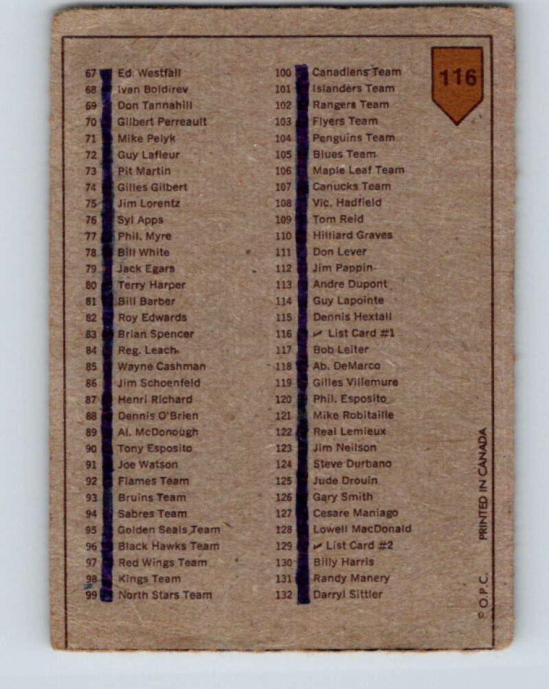 1973-74 O-Pee-Chee #116 Checklist   V8376