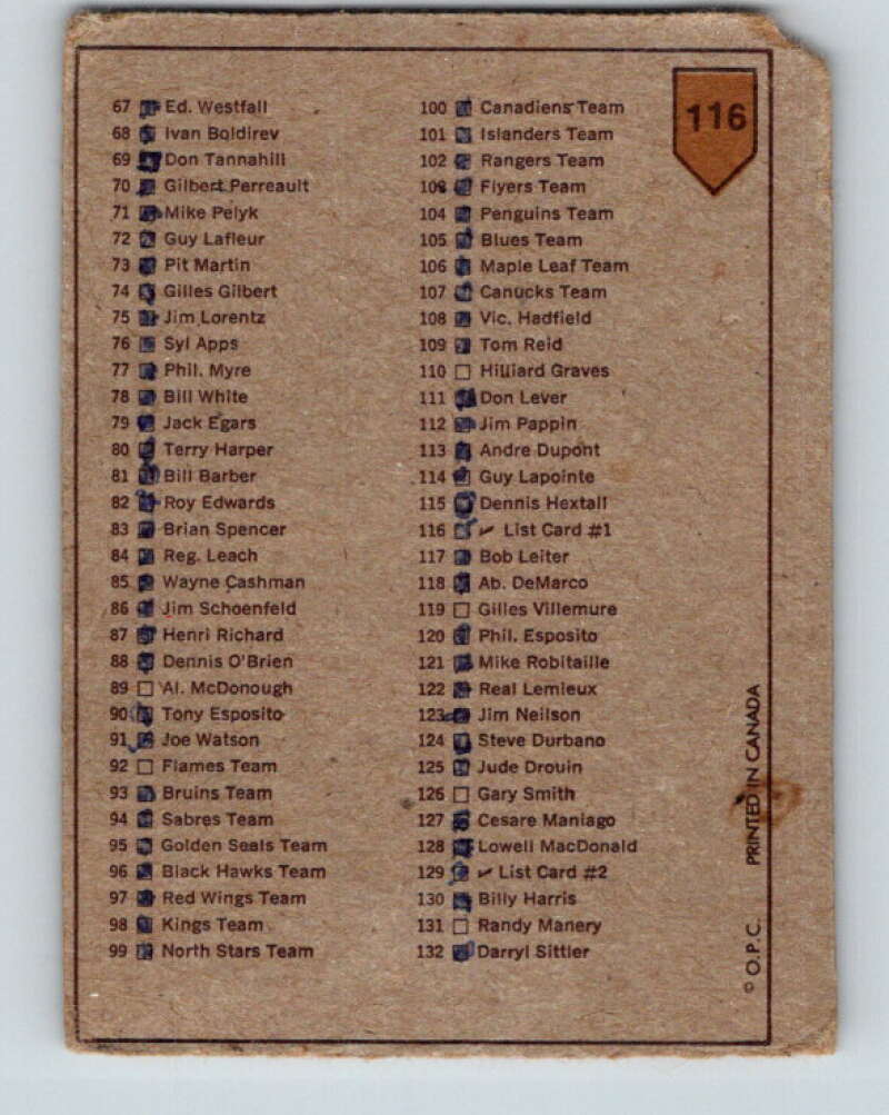 1973-74 O-Pee-Chee #116 Checklist   V8377