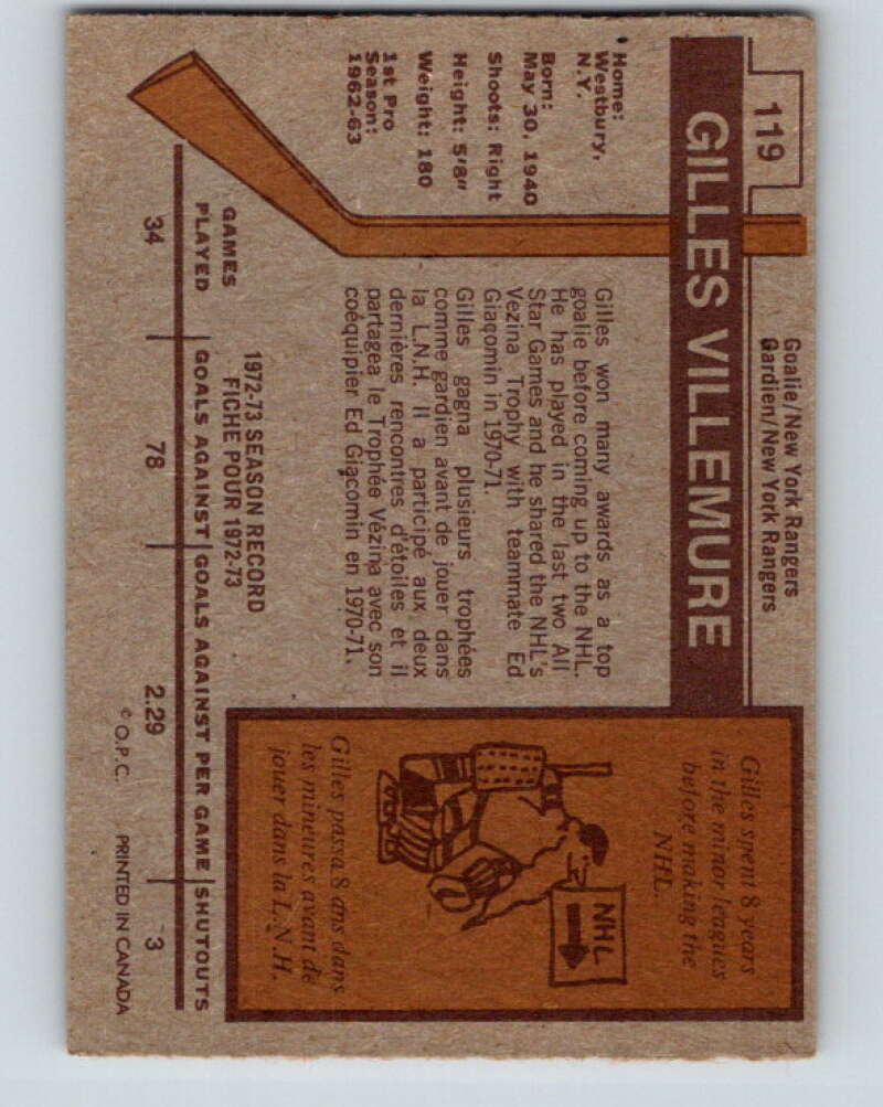 1973-74 O-Pee-Chee #119 Gilles Villemure  New York Rangers  V8383