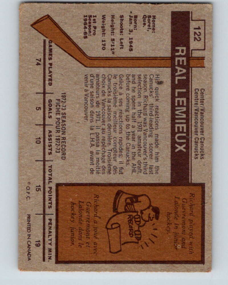 1973-74 O-Pee-Chee #122 Real Lemieux  Los Angeles Kings  V8397