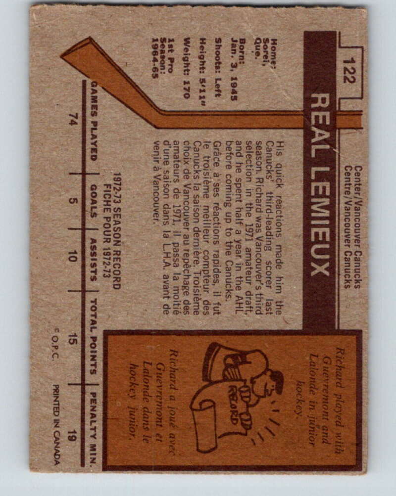 1973-74 O-Pee-Chee #122 Real Lemieux  Los Angeles Kings  V8398