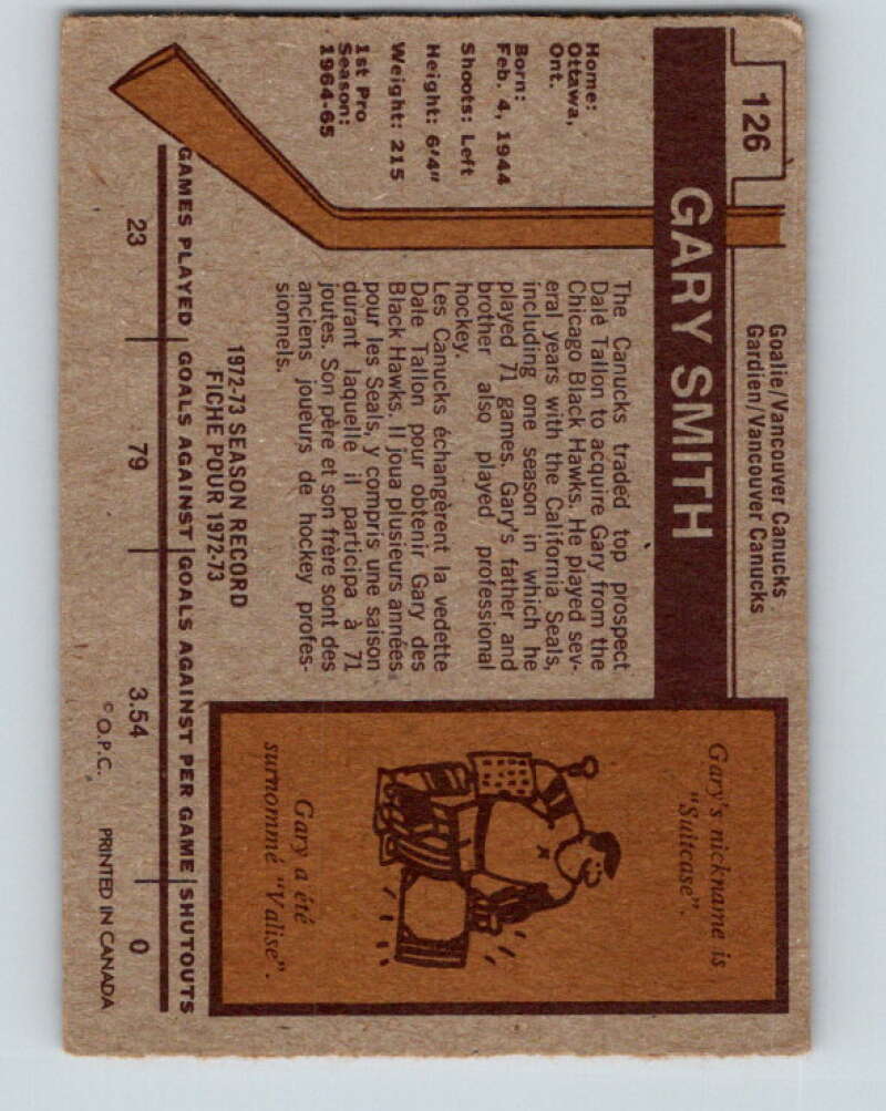 1973-74 O-Pee-Chee #126 Gary Smith  Vancouver Canucks  V8406