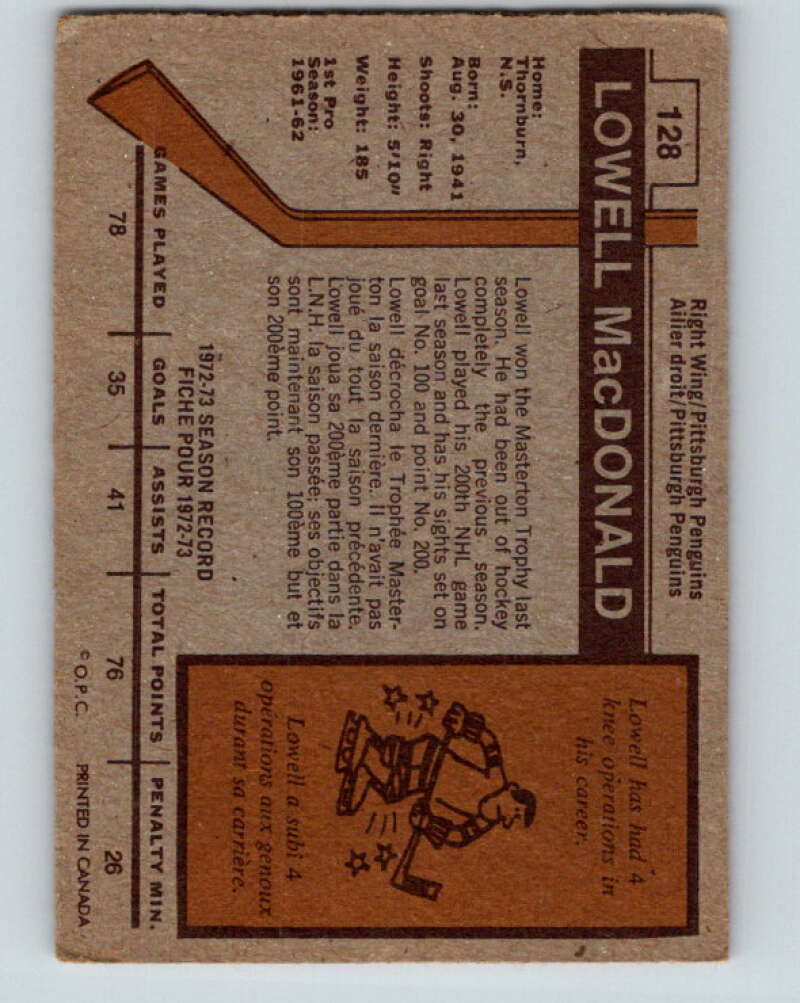 1973-74 O-Pee-Chee #128 Lowell MacDonald  Pittsburgh Penguins  V8410