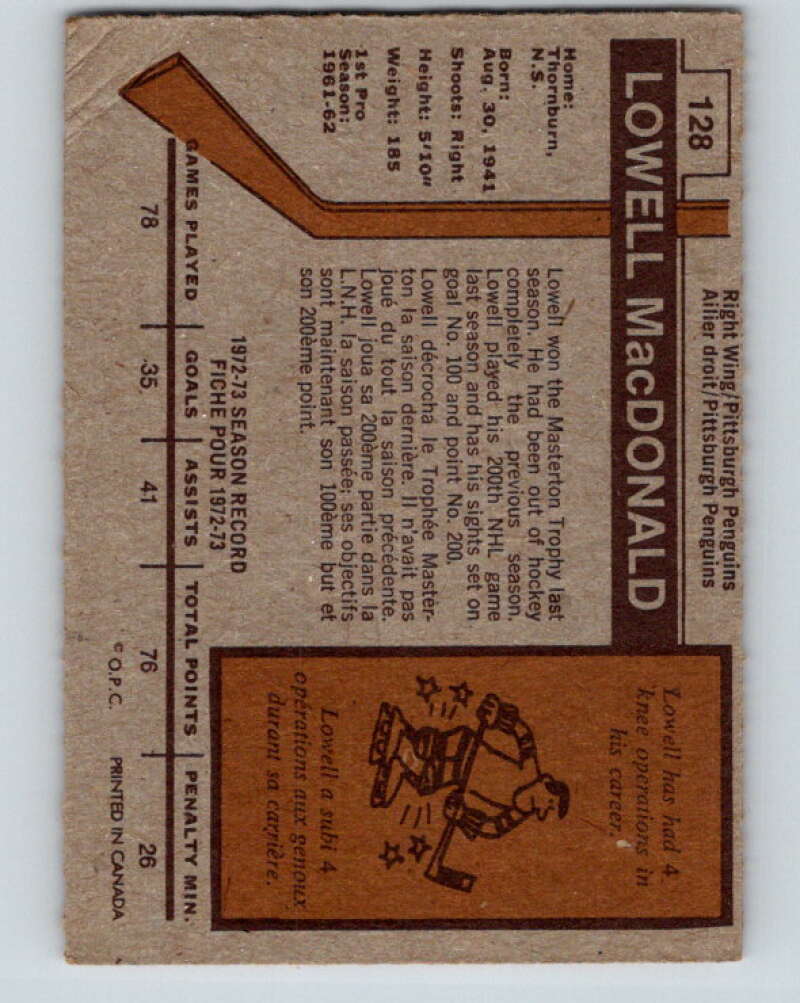 1973-74 O-Pee-Chee #128 Lowell MacDonald  Pittsburgh Penguins  V8411