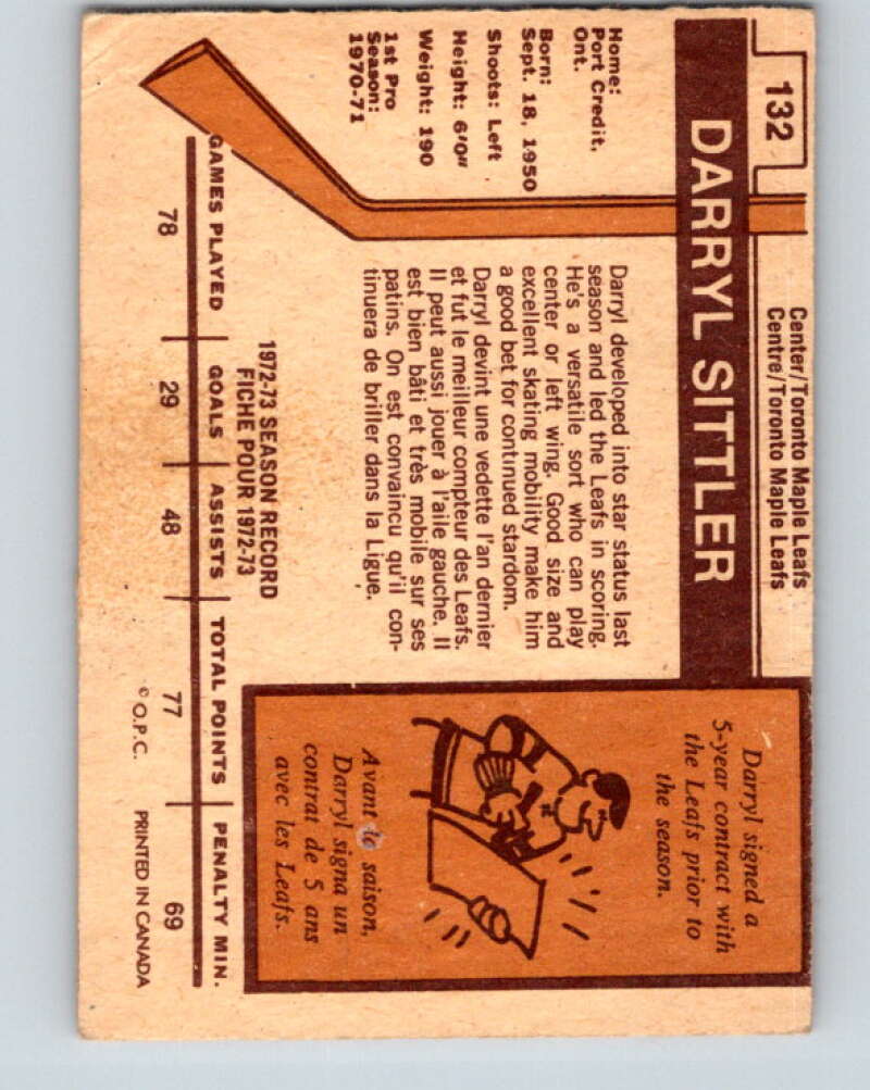 1973-74 O-Pee-Chee #132 Darryl Sittler  Toronto Maple Leafs  V8421