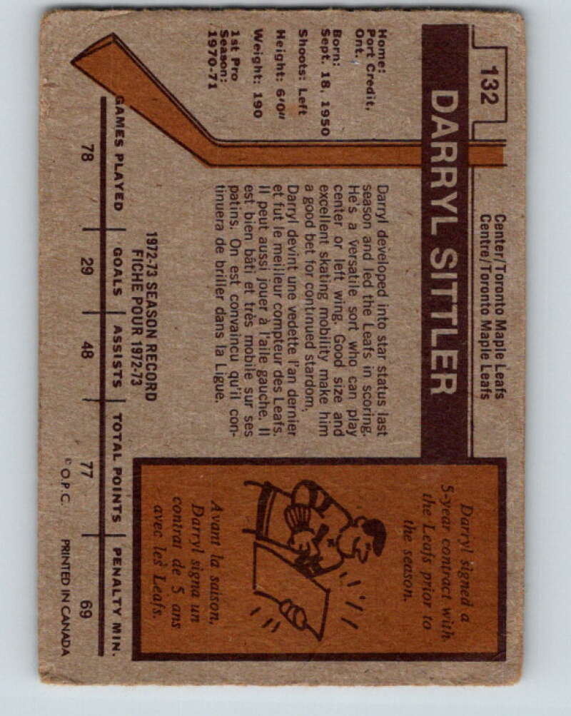 1973-74 O-Pee-Chee #132 Darryl Sittler  Toronto Maple Leafs  V8422