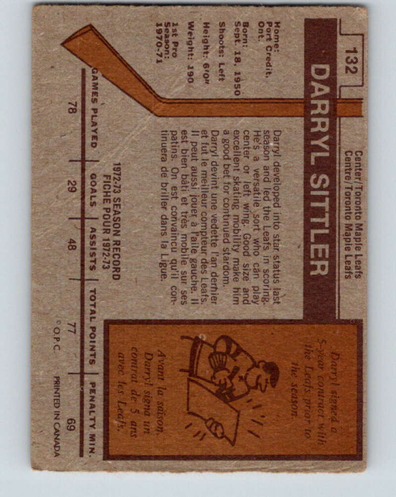 1973-74 O-Pee-Chee #132 Darryl Sittler  Toronto Maple Leafs  V8423