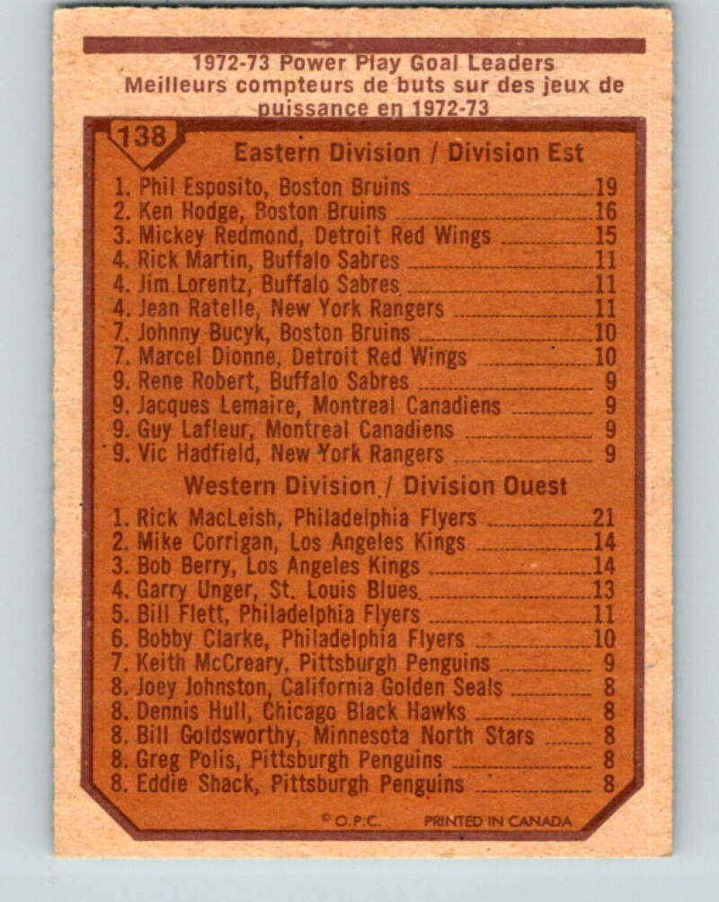 1973-74 O-Pee-Chee #138 Phil Esposito/Rick MacLeish LL   V8433