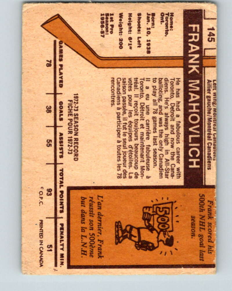 1973-74 O-Pee-Chee #145 Frank Mahovlich  Montreal Canadiens  V8442