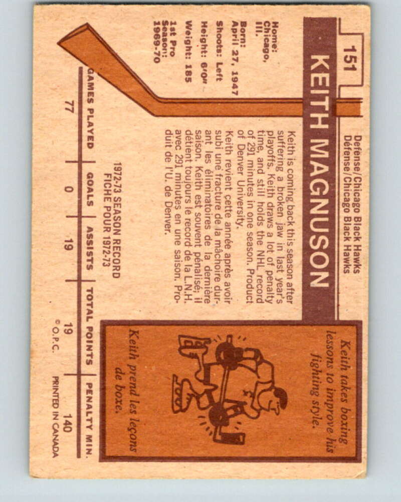 1973-74 O-Pee-Chee #151 Keith Magnuson  Chicago Blackhawks  V8451