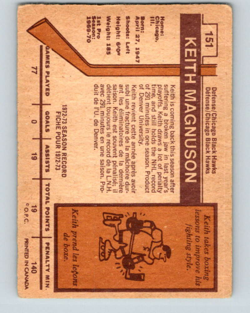 1973-74 O-Pee-Chee #151 Keith Magnuson  Chicago Blackhawks  V8453