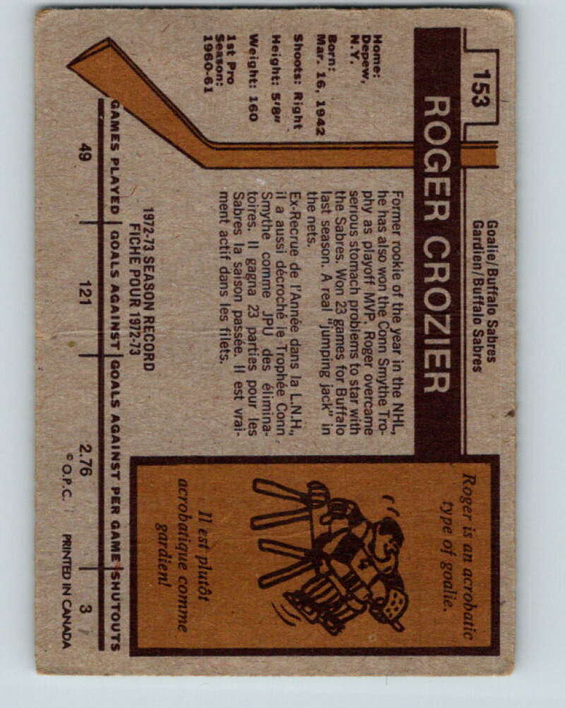 1973-74 O-Pee-Chee #153 Roger Crozier  Buffalo Sabres  V8455
