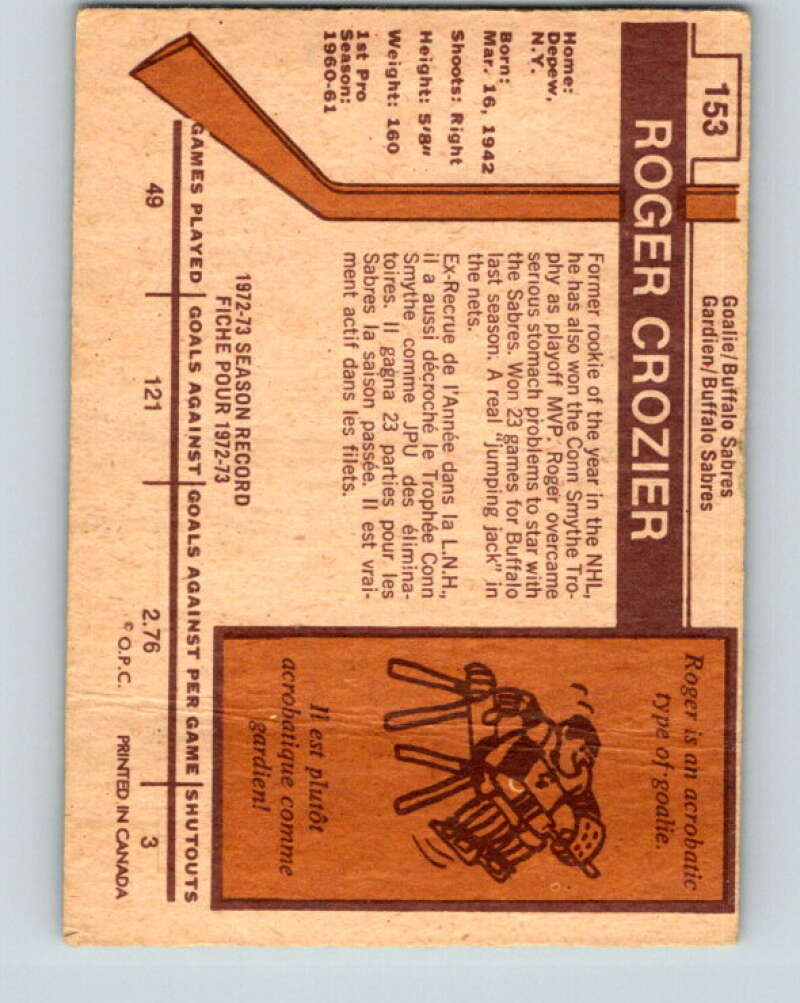 1973-74 O-Pee-Chee #153 Roger Crozier  Buffalo Sabres  V8457