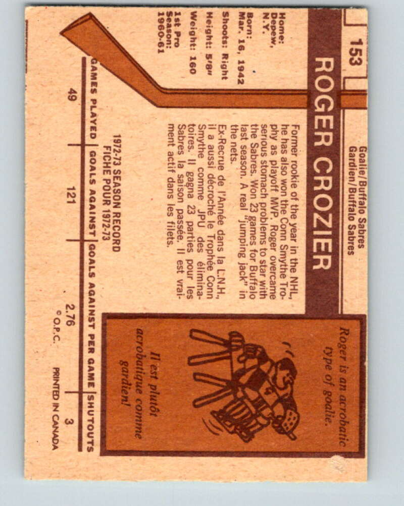 1973-74 O-Pee-Chee #153 Roger Crozier  Buffalo Sabres  V8458