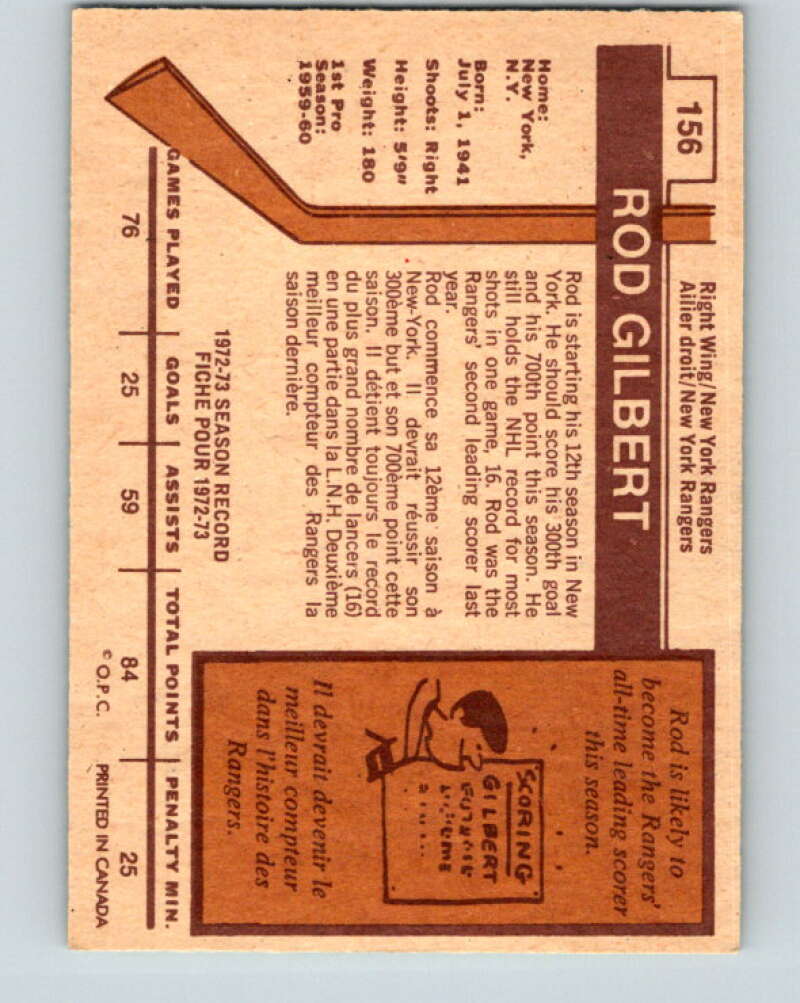 1973-74 O-Pee-Chee #156 Rod Gilbert  New York Islanders  V8459