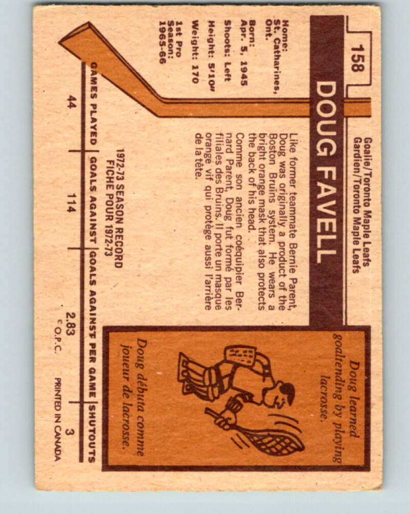 1973-74 O-Pee-Chee #158 Doug Favell  Toronto Maple Leafs  V8464