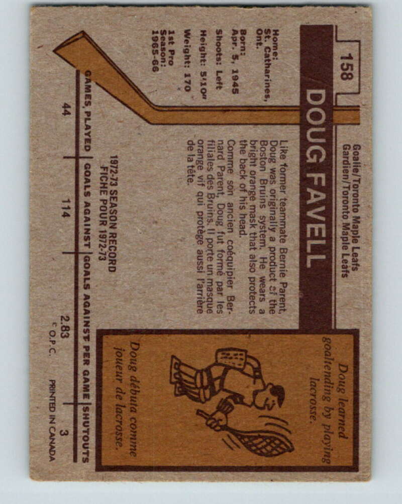 1973-74 O-Pee-Chee #158 Doug Favell  Toronto Maple Leafs  V8465
