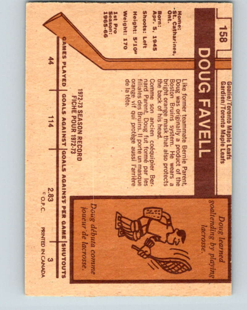 1973-74 O-Pee-Chee #158 Doug Favell  Toronto Maple Leafs  V8466