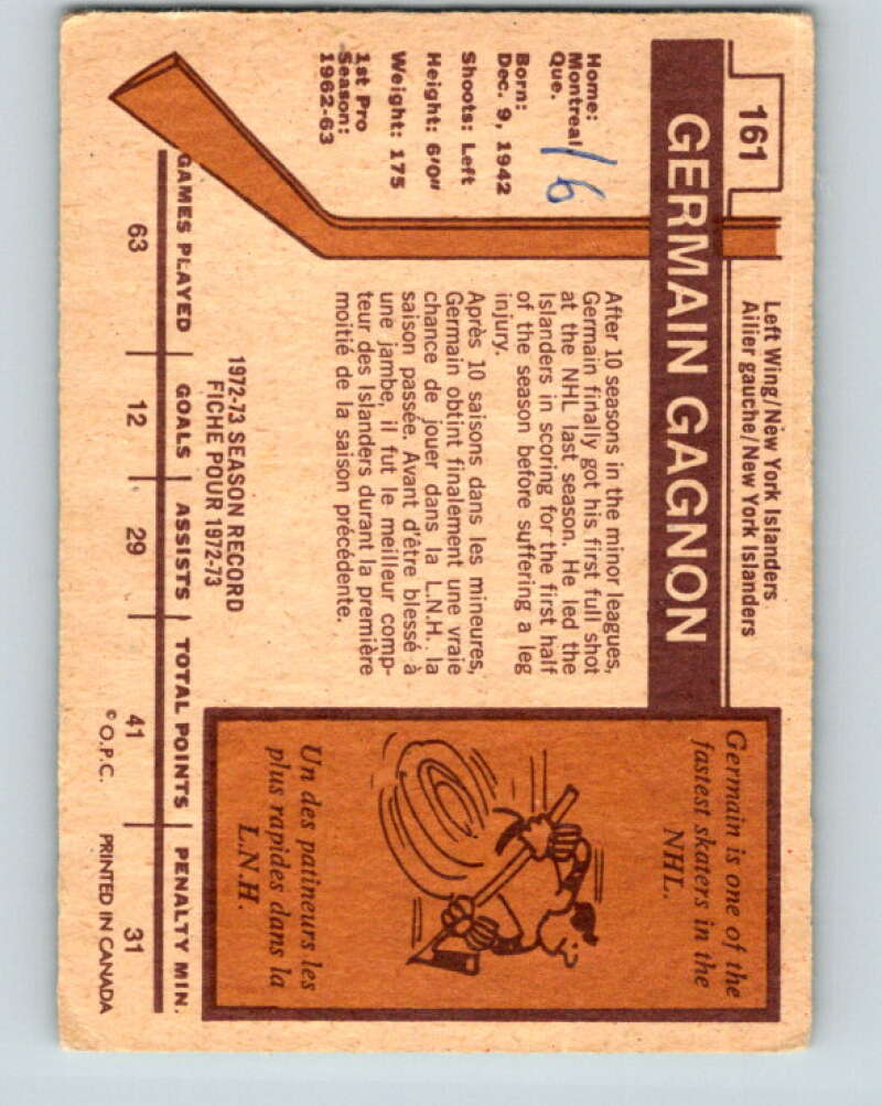 1973-74 O-Pee-Chee #161 Germain Gagnon  New York Islanders  V8470