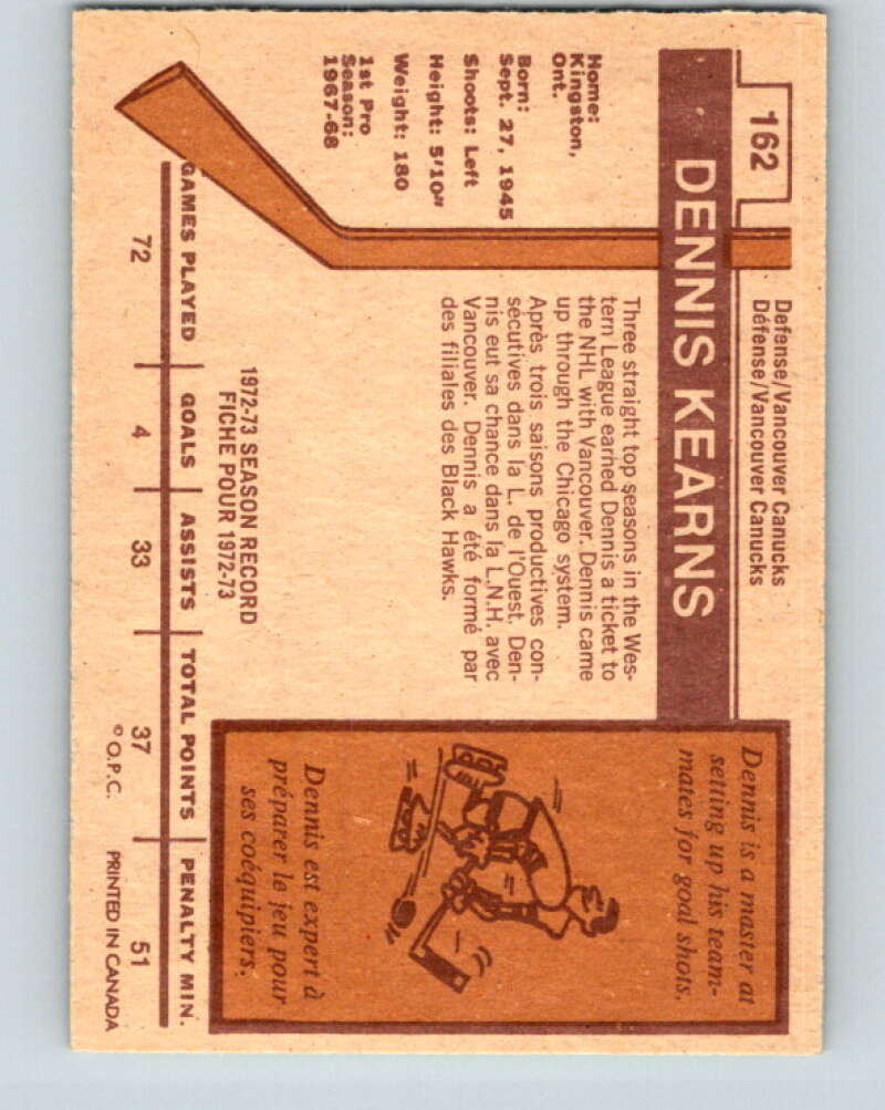 1973-74 O-Pee-Chee #162 Dennis Kearns  Vancouver Canucks  V8471