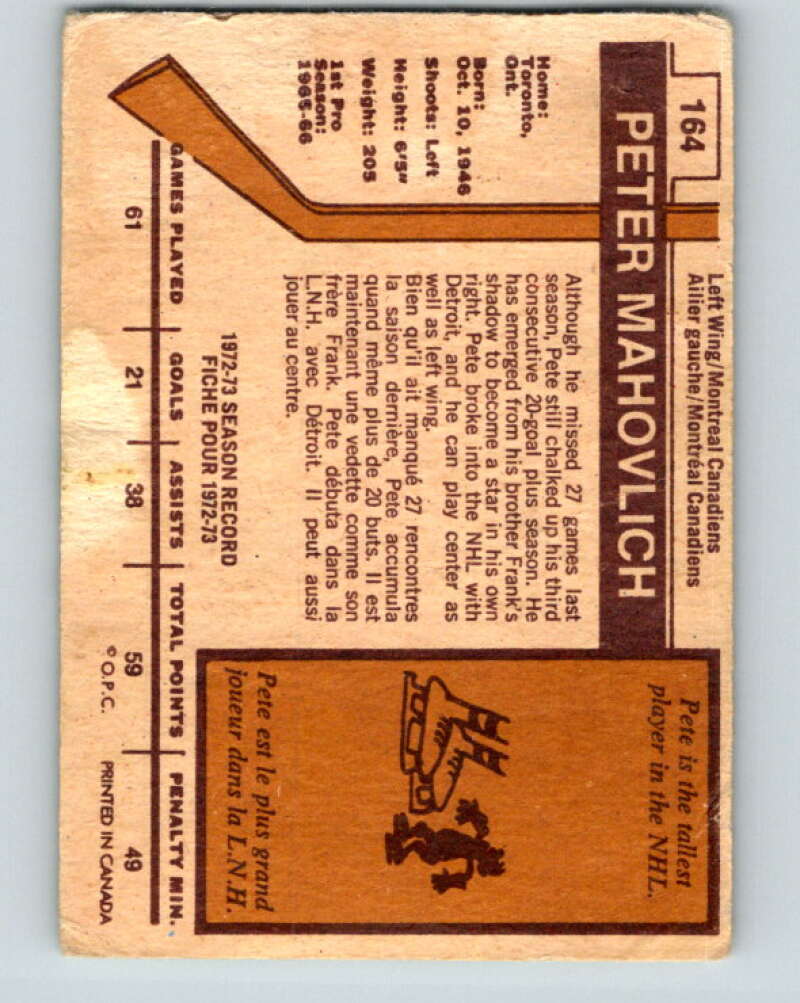 1973-74 O-Pee-Chee #164 Pete Mahovlich  Montreal Canadiens  V8474