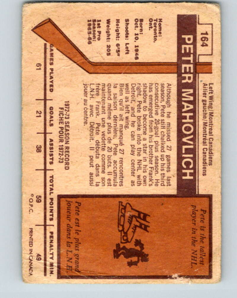 1973-74 O-Pee-Chee #164 Pete Mahovlich  Montreal Canadiens  V8475