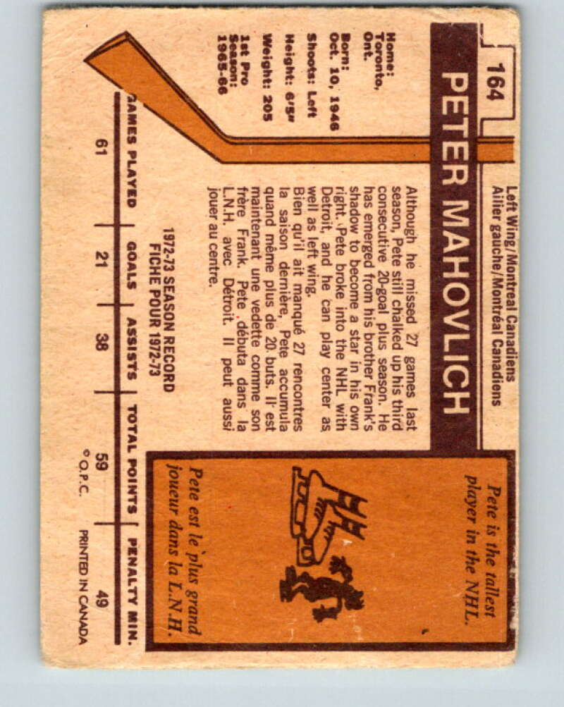 1973-74 O-Pee-Chee #164 Pete Mahovlich  Montreal Canadiens  V8476