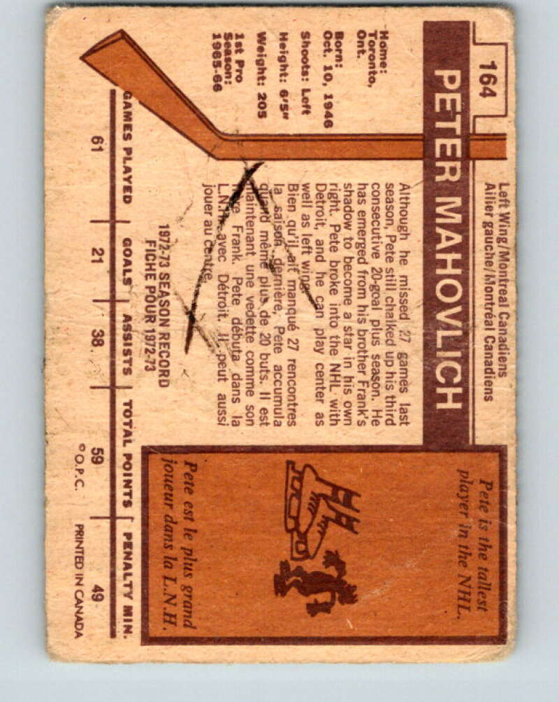 1973-74 O-Pee-Chee #164 Pete Mahovlich  Montreal Canadiens  V8478