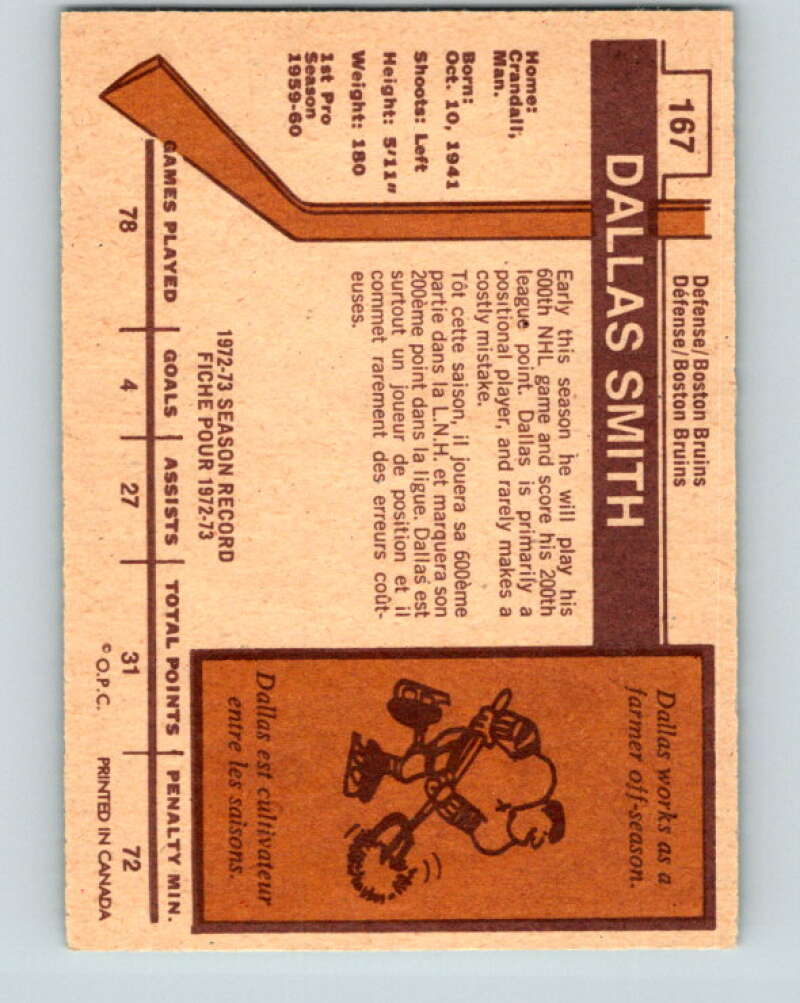 1973-74 O-Pee-Chee #167 Dallas Smith  Boston Bruins  V8483