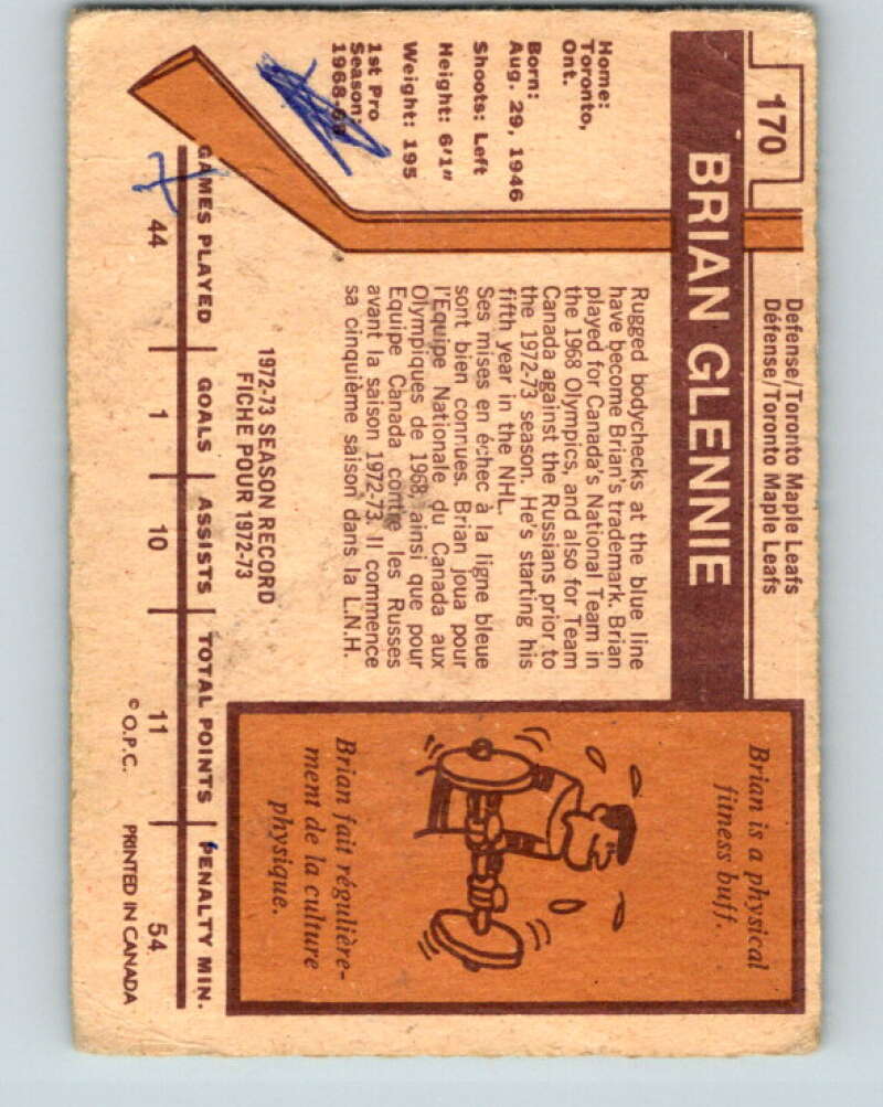 1973-74 O-Pee-Chee #170 Brian Glennie  Toronto Maple Leafs  V8488