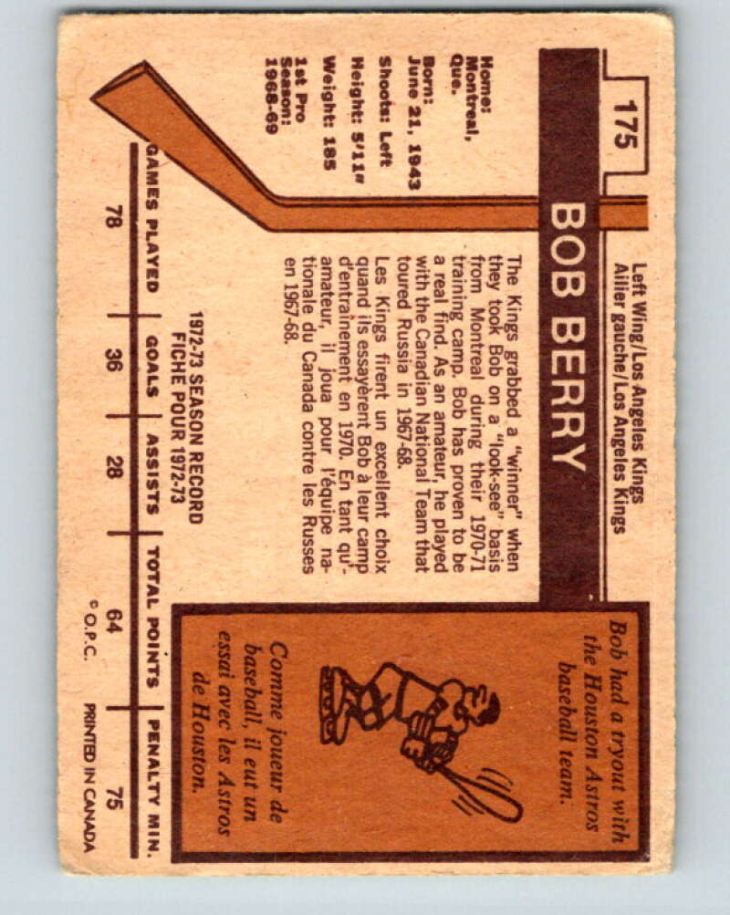 1973-74 O-Pee-Chee #175 Bob Berry  Los Angeles Kings  V8494