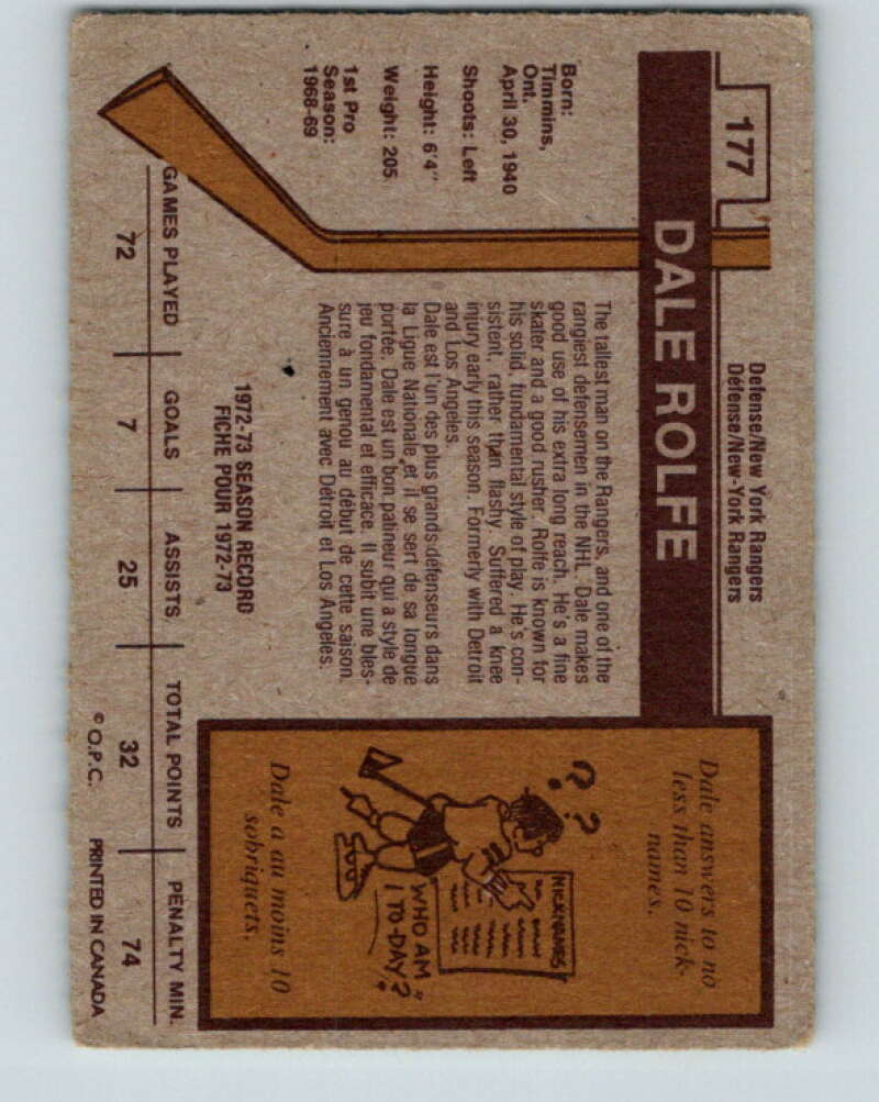 1973-74 O-Pee-Chee #177 Dale Rolfe  New York Rangers  V8497