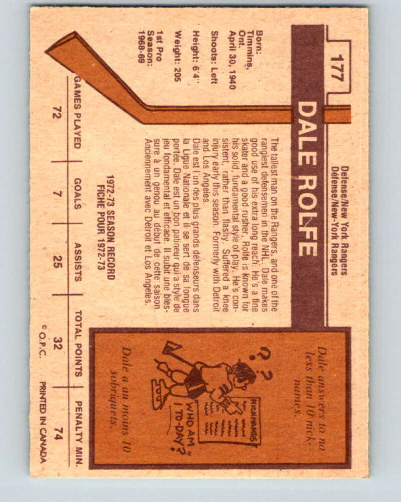 1973-74 O-Pee-Chee #177 Dale Rolfe  New York Rangers  V8498