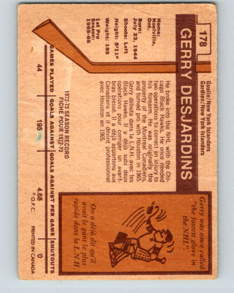 1973-74 O-Pee-Chee #178 Gerry Desjardins  New York Islanders  V8499