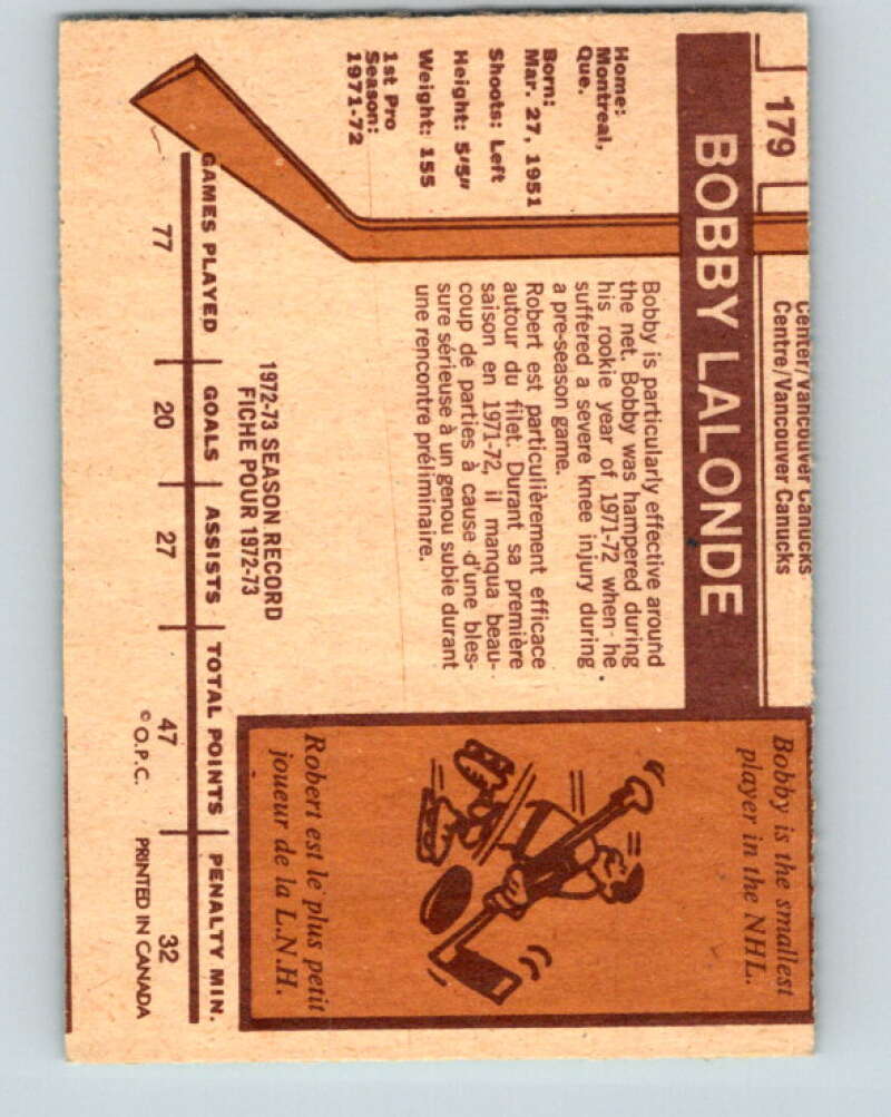 1973-74 O-Pee-Chee #179 Bobby Lalonde  Vancouver Canucks  V8501