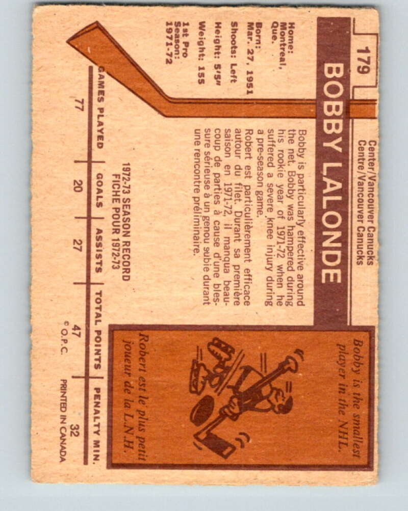 1973-74 O-Pee-Chee #179 Bobby Lalonde  Vancouver Canucks  V8502